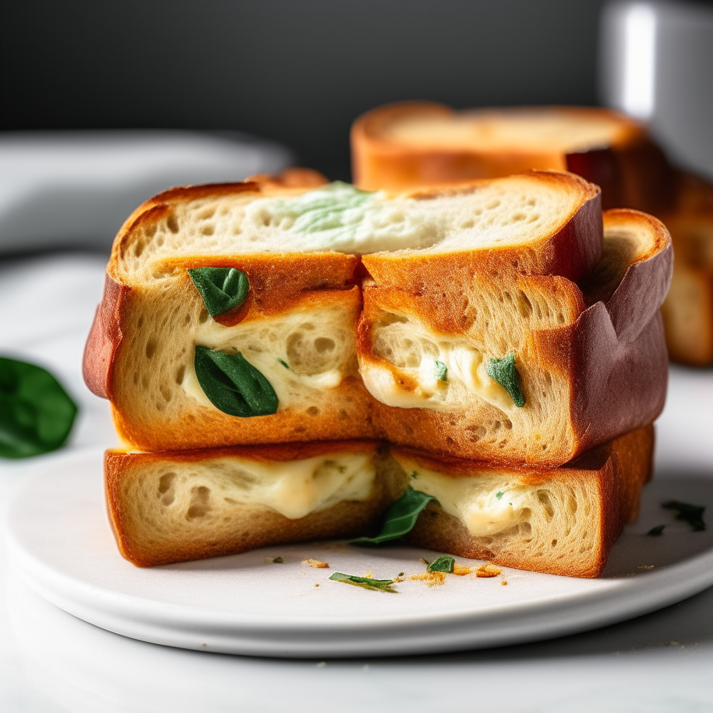 Sun-dried tomato and basil sandwich bread on a white plate, sharply in focus under bright studio lighting. The bread is sliced to reveal the interior which has melted cheese integrated into the soft bread rather than just on the crust. The lighting creates high contrast to show the texture.