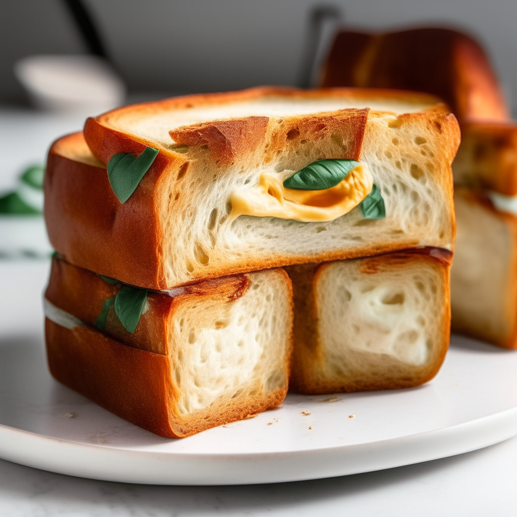 Sun-dried tomato and basil sandwich bread on a white plate, sharply in focus under bright studio lighting. The bread is sliced to reveal the interior which has melted cheese integrated into the soft bread rather than just on the crust. The lighting creates high contrast to show the texture.