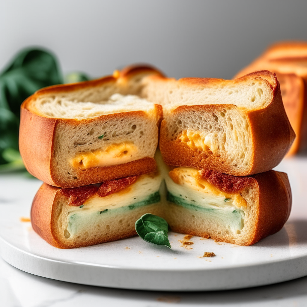 Sun-dried tomato and basil sandwich bread on a white plate, sharply in focus under bright studio lighting. The bread is sliced to reveal the interior which has melted cheese integrated into the soft bread rather than just on the crust. The lighting creates high contrast to show the texture.