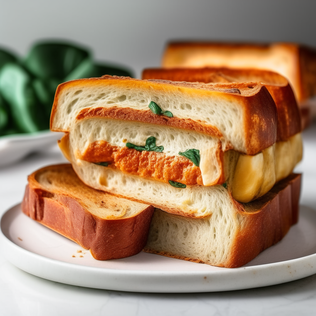 Sun-dried tomato and basil sandwich bread on a white plate, sharply in focus under bright studio lighting. The bread is sliced to reveal the interior which has melted cheese integrated into the soft bread rather than just on the crust. The lighting creates high contrast to show the texture.