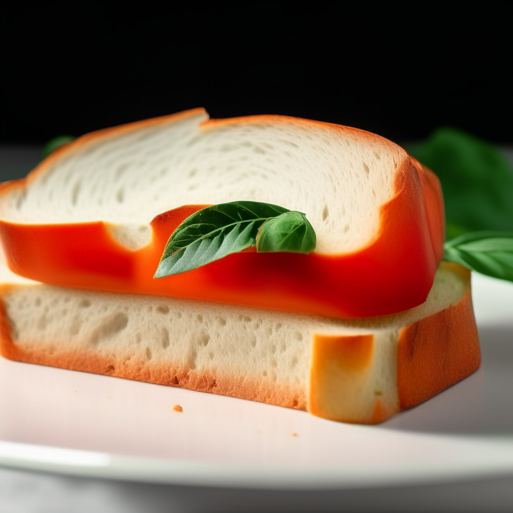 Slice of sandwich bread on a white plate, tomato and basil visibly mixed into the interior bread dough which is soft. Bright studio lighting creates high contrast showing the texture. Razor sharp focus. square