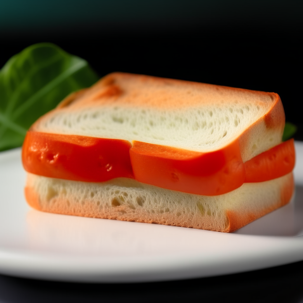 Slice of sandwich bread on a white plate, tomato and basil visibly mixed into the interior bread dough which is soft. Bright studio lighting creates high contrast showing the texture. Razor sharp focus. square