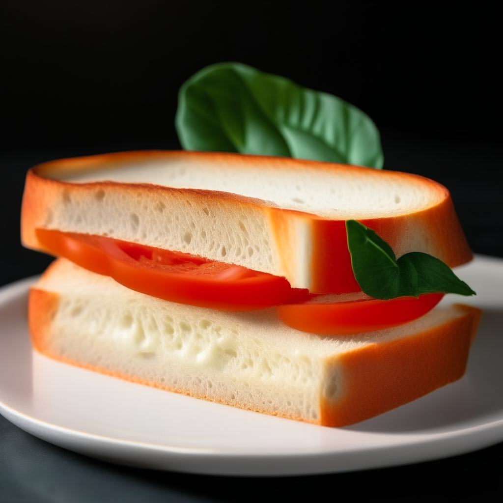 Slice of sandwich bread on a white plate, tomato and basil visibly mixed into the interior bread dough which is soft. Bright studio lighting creates high contrast showing the texture. Razor sharp focus. square