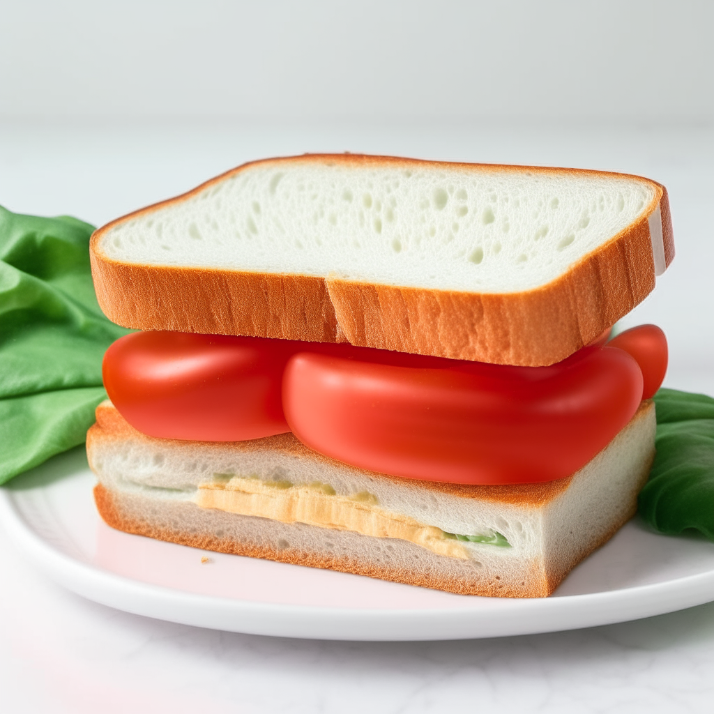 Slice of tomato basil sandwich bread made with flour on a white plate. Bright studio lighting creates high contrast showing the soft texture. Razor sharp focus. square