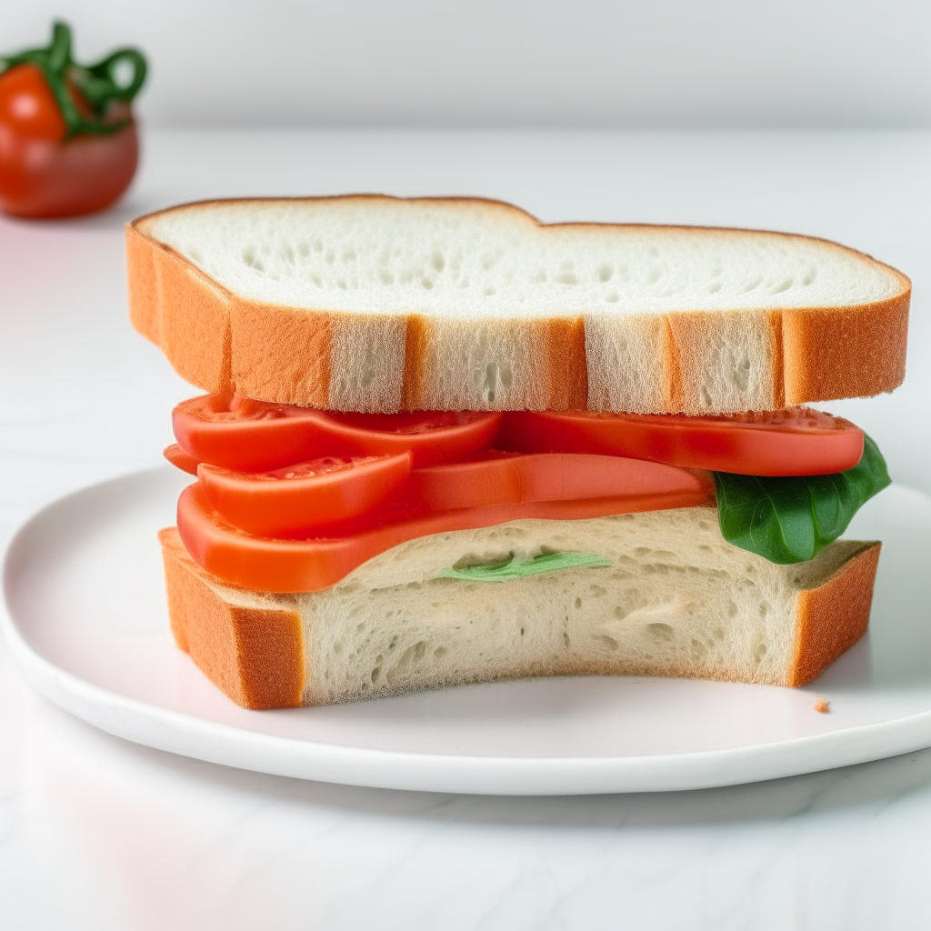 Slice of tomato basil sandwich bread made with flour on a white plate. Bright studio lighting creates high contrast showing the soft texture. Razor sharp focus. square