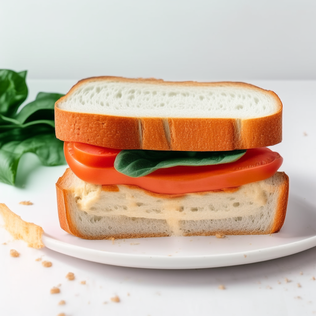 Slice of tomato basil sandwich bread made with flour on a white plate. Bright studio lighting creates high contrast showing the soft texture. Razor sharp focus. square