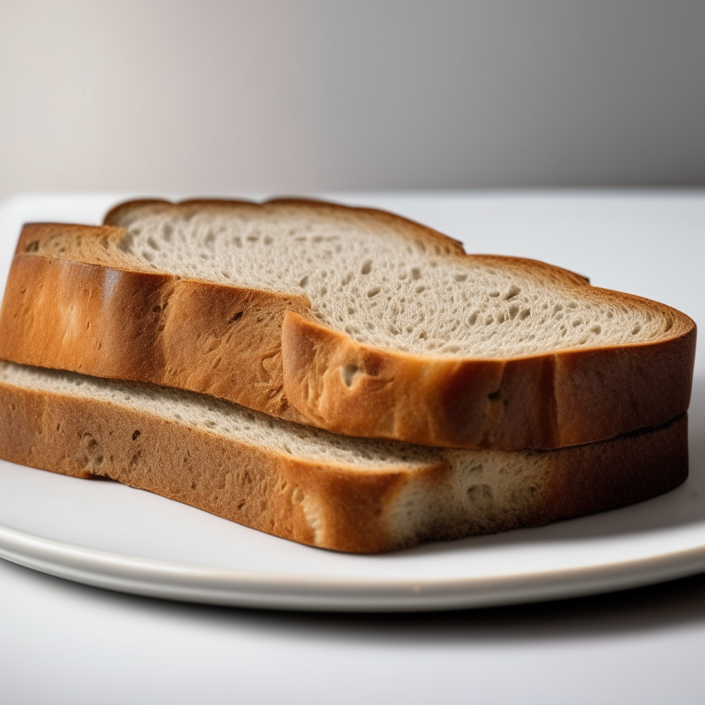 Slice of rye and caraway seed sandwich bread on a white plate under bright studio lighting creating high contrast to show the texture. Razor sharp focus. square