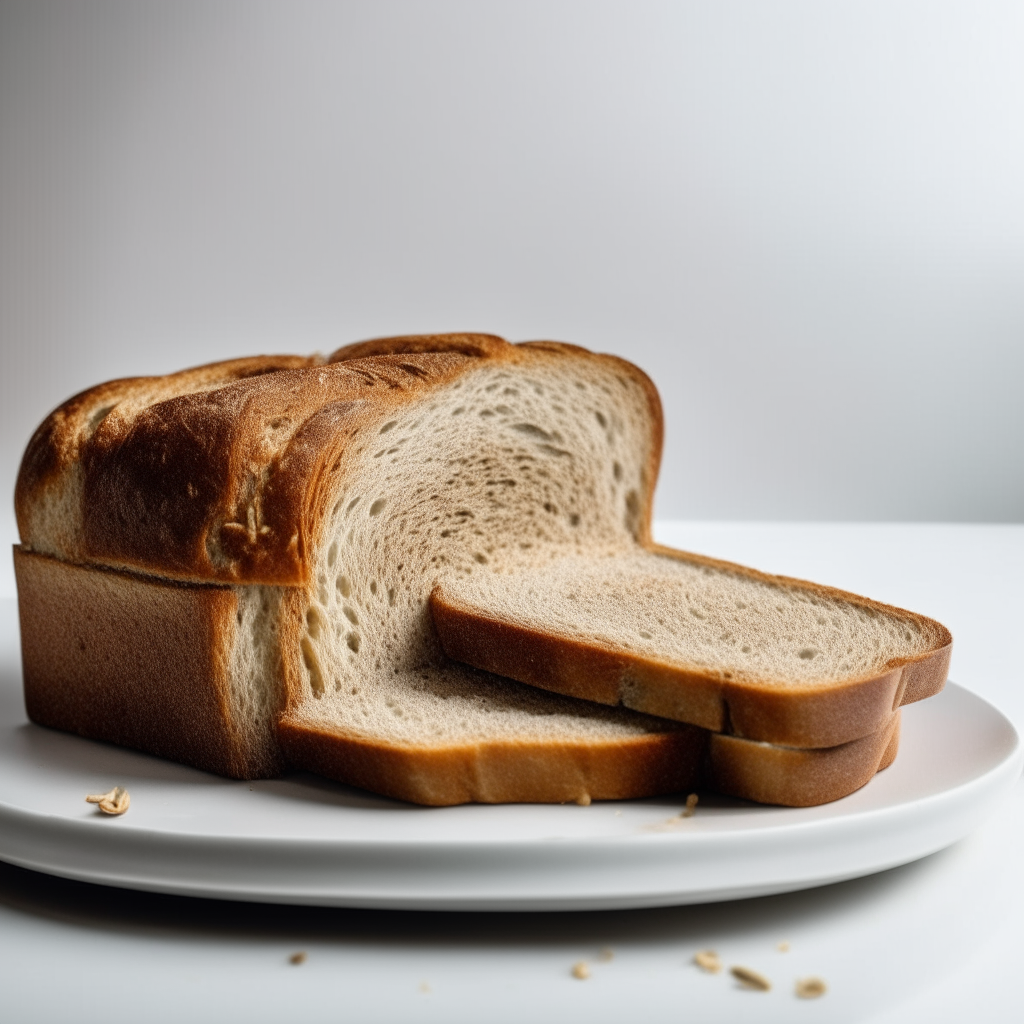 Slice of rye and caraway seed sandwich bread on a white plate under bright studio lighting creating high contrast to show the texture. Razor sharp focus. square