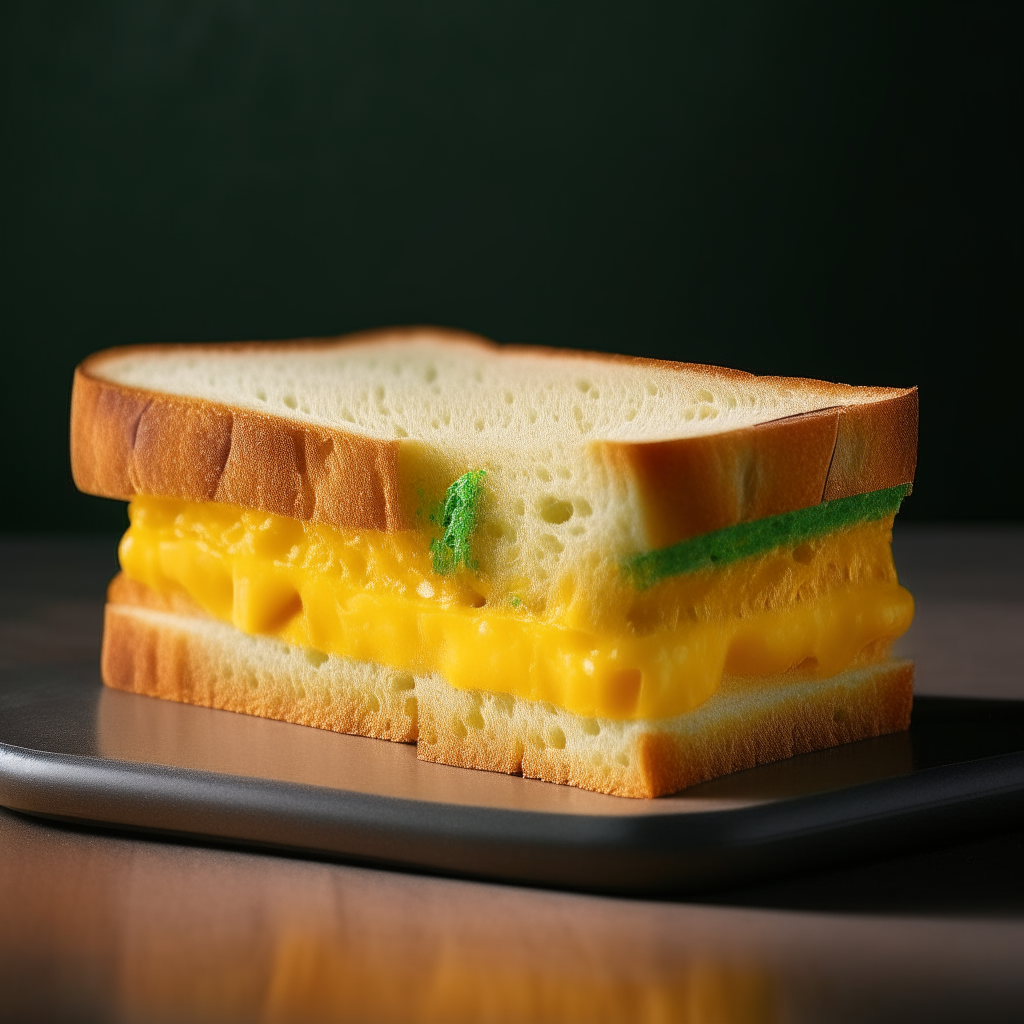 Slice of cheddar and jalapeño sandwich bread on a white plate under bright studio lighting creating high contrast to show the texture. Razor sharp focus. square