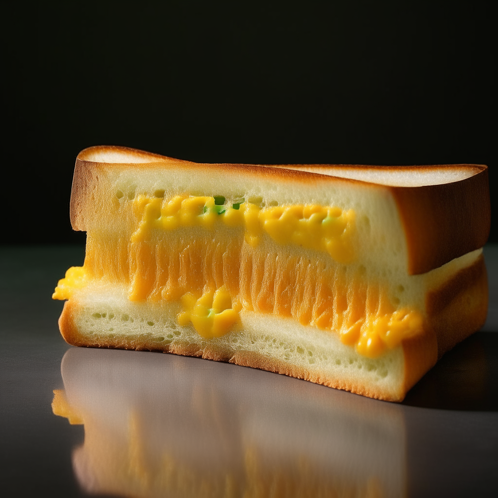 Slice of cheddar and jalapeño sandwich bread on a white plate under bright studio lighting creating high contrast to show the texture. Razor sharp focus. square