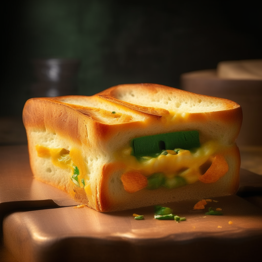 Slice of cheddar jalapeño sandwich bread on a plate, cheese and peppers visibly mixed into the soft interior dough. Bright studio lighting shows the texture. Razor sharp focus. square