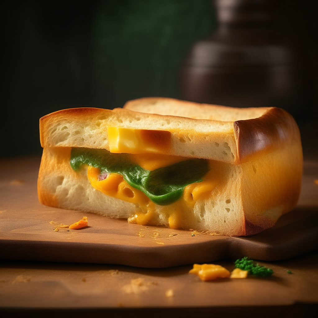 Slice of cheddar jalapeño sandwich bread on a plate, cheese and peppers visibly mixed into the soft interior dough. Bright studio lighting shows the texture. Razor sharp focus. square