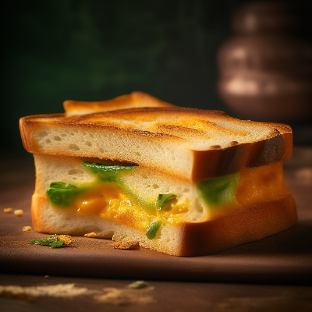 Slice of cheddar jalapeño sandwich bread on a plate, cheese and peppers visibly mixed into the soft interior dough. Bright studio lighting shows the texture. Razor sharp focus. square