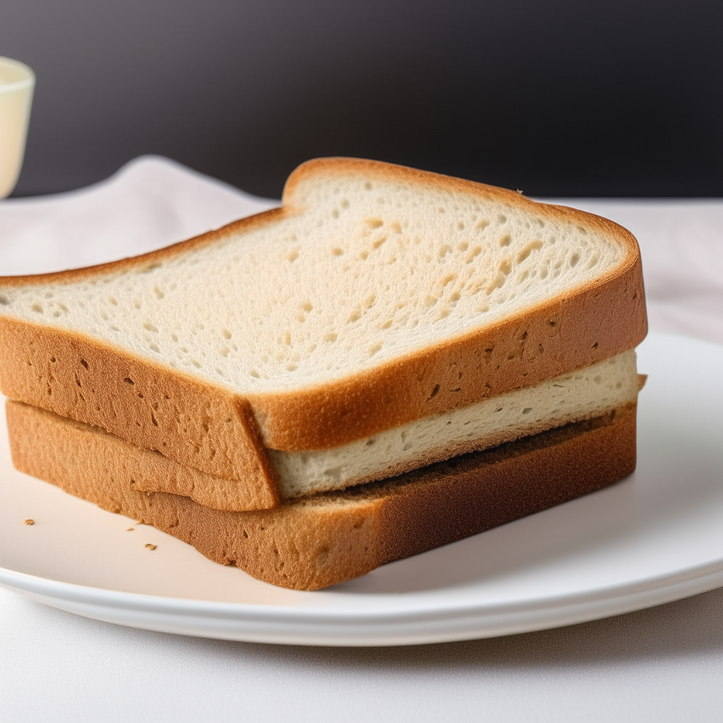 Slice of buckwheat and flaxseed gluten free sandwich bread on a white plate under bright studio lighting. Razor sharp focus shows the texture. square