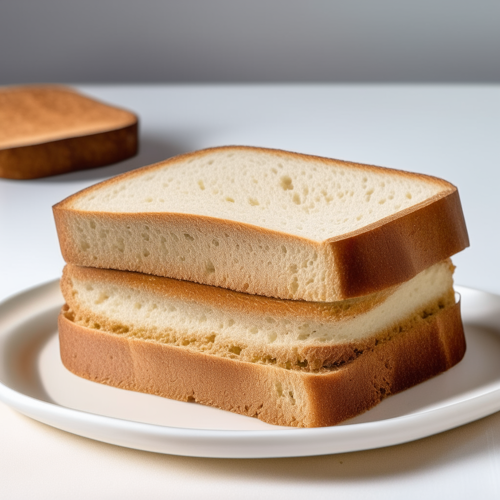 Slice of buckwheat and flaxseed gluten free sandwich bread on a white plate under bright studio lighting. Razor sharp focus shows the texture. square