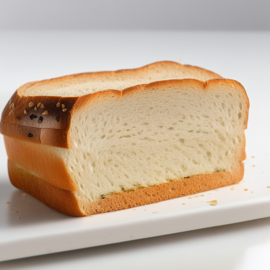 Slice of multiseed gluten free sandwich bread on a white plate under bright studio lighting. Razor sharp focus shows the seeds visibly mixed into the interior. square