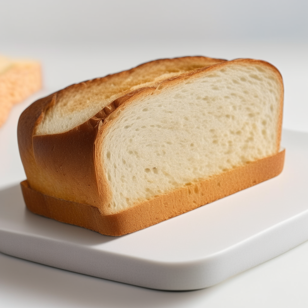 Slice of multiseed gluten free sandwich bread on a white plate under bright studio lighting. Razor sharp focus shows the seeds visibly mixed into the interior. square