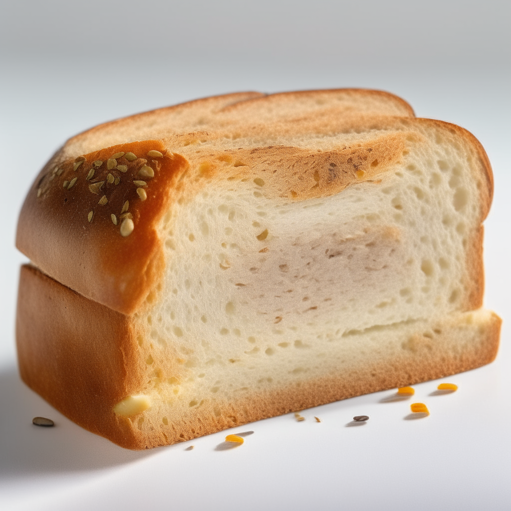 Slice of multiseed gluten free sandwich bread on a white plate under bright studio lighting. Many mixed seeds visibly embedded in the interior. square