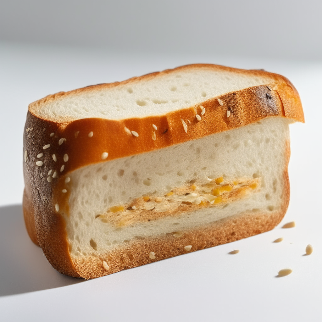 Slice of multiseed gluten free sandwich bread on a white plate under bright studio lighting. Many mixed seeds visibly embedded in the interior. square