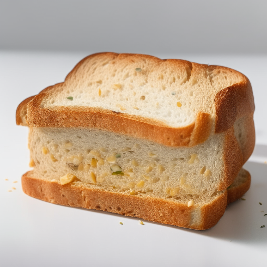 Slice of multiseed gluten free sandwich bread on a white plate under bright studio lighting. Many mixed seeds visibly embedded in the interior. square