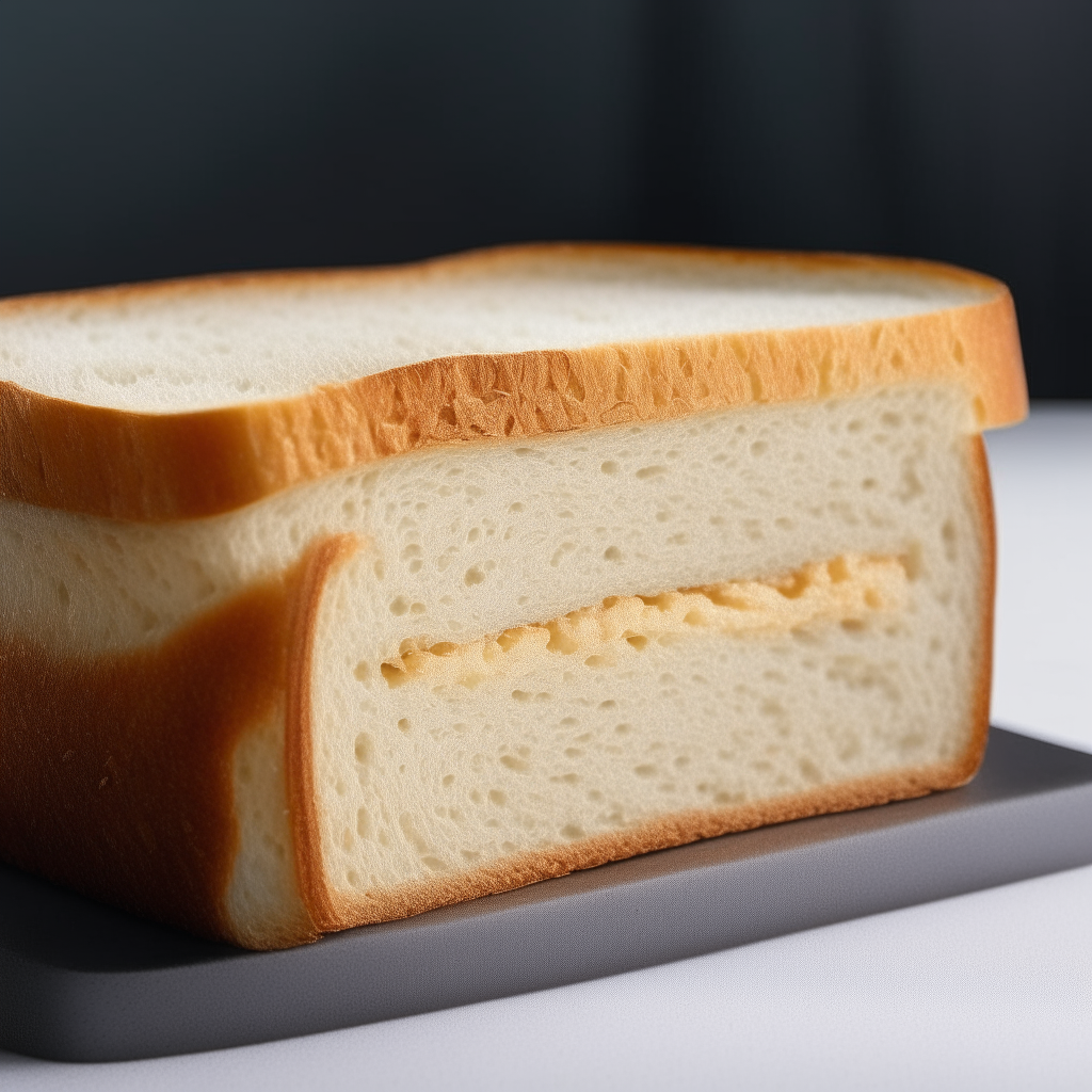 Slice of millet and oat gluten free sandwich bread on a white plate under bright studio lighting. Razor sharp focus shows the texture. square