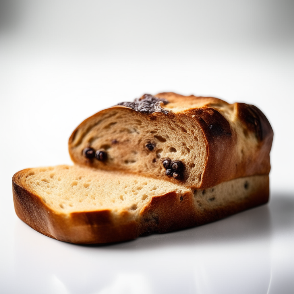 Slice of cinnamon raisin sourdough bread on a white plate under bright studio lighting. Razor sharp focus. square