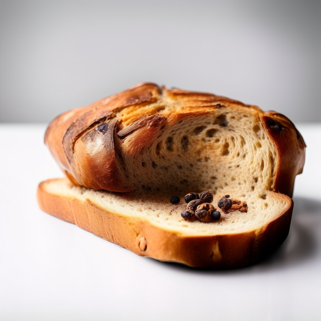 Slice of cinnamon raisin sourdough bread on a white plate under bright studio lighting. Razor sharp focus. square