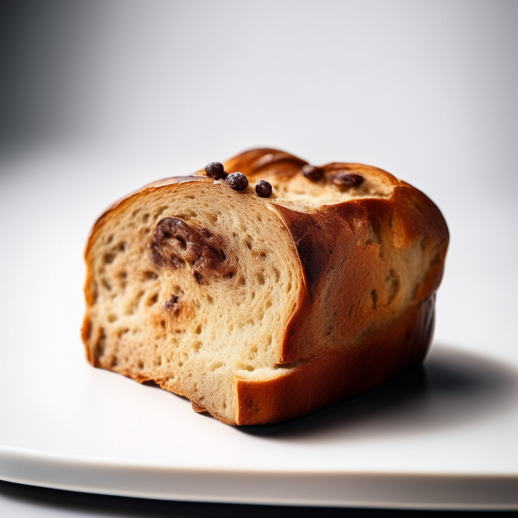 Slice of cinnamon raisin sourdough bread on a white plate under bright studio lighting. Razor sharp focus. square