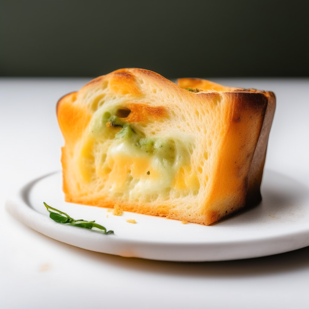 Slice of cheddar jalapeño sourdough bread on a white plate under bright studio lighting. Razor sharp focus. square