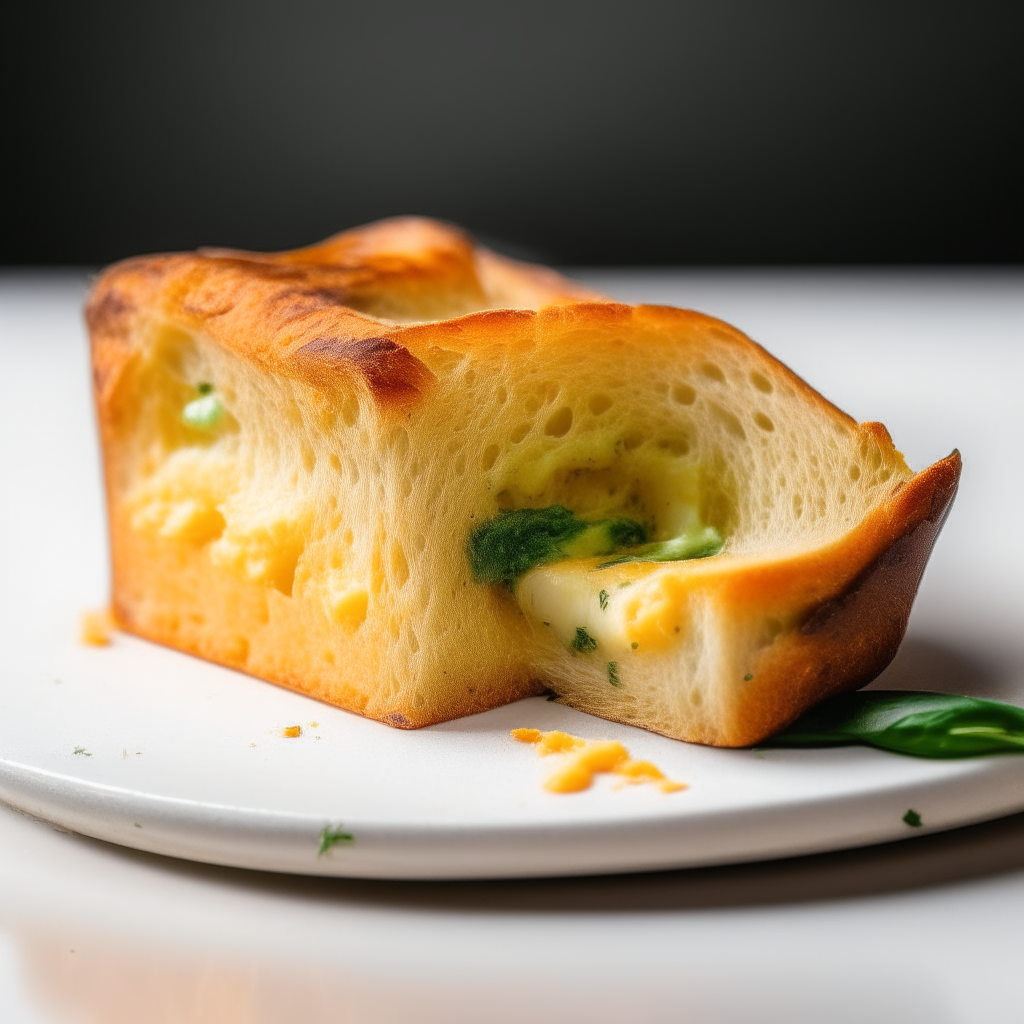 Slice of cheddar jalapeño sourdough bread on a white plate under bright studio lighting. Razor sharp focus. square