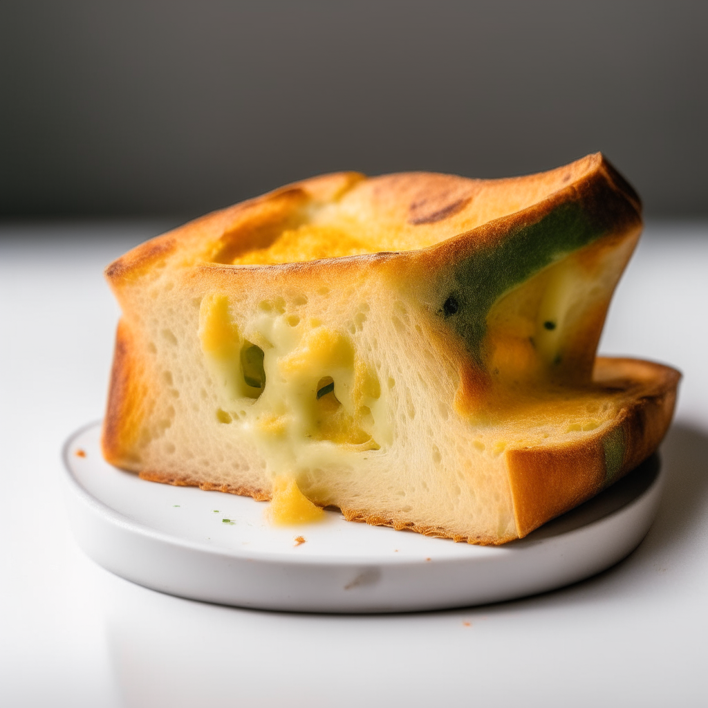 Slice of cheddar jalapeño sourdough bread on a white plate under bright studio lighting. Razor sharp focus. square