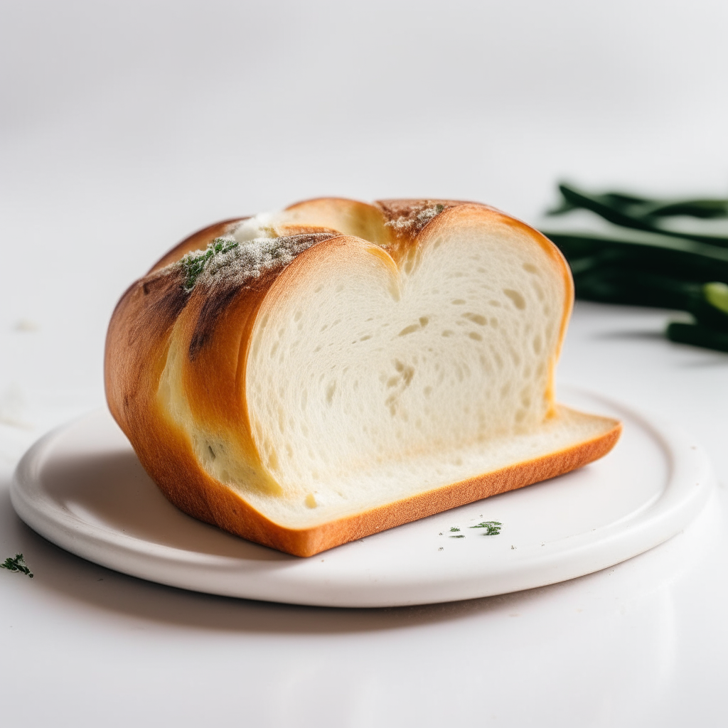 Slice of garlic and herb sourdough bread on a white plate under bright studio lighting. Razor sharp focus. square