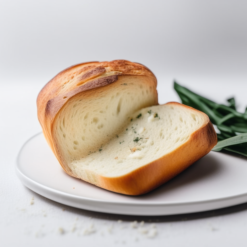 Slice of garlic and herb sourdough bread on a white plate under bright studio lighting. Razor sharp focus. square