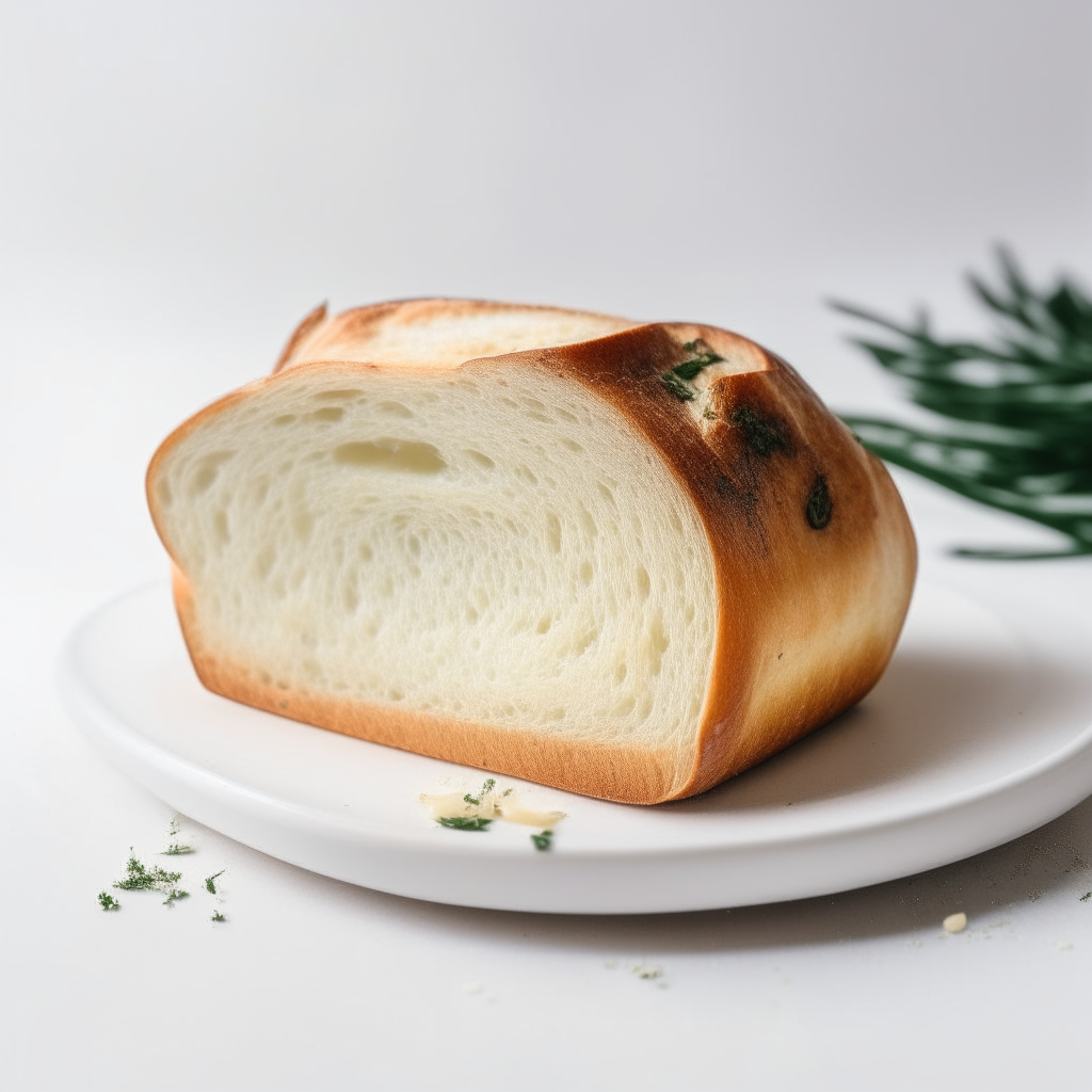 Slice of garlic and herb sourdough bread on a white plate under bright studio lighting. Razor sharp focus. square