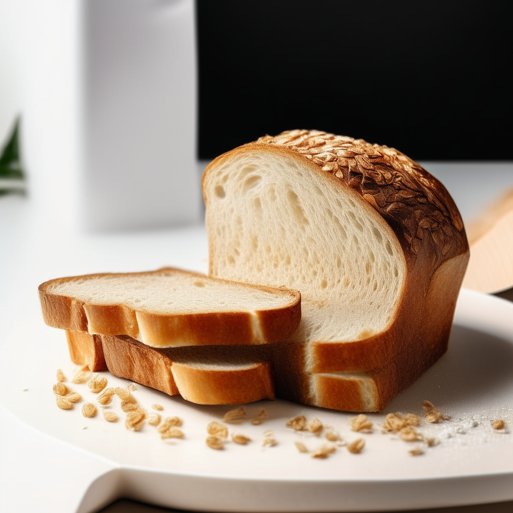 Slice of honey oat sourdough bread on a white plate under bright studio lighting. Razor sharp focus. square