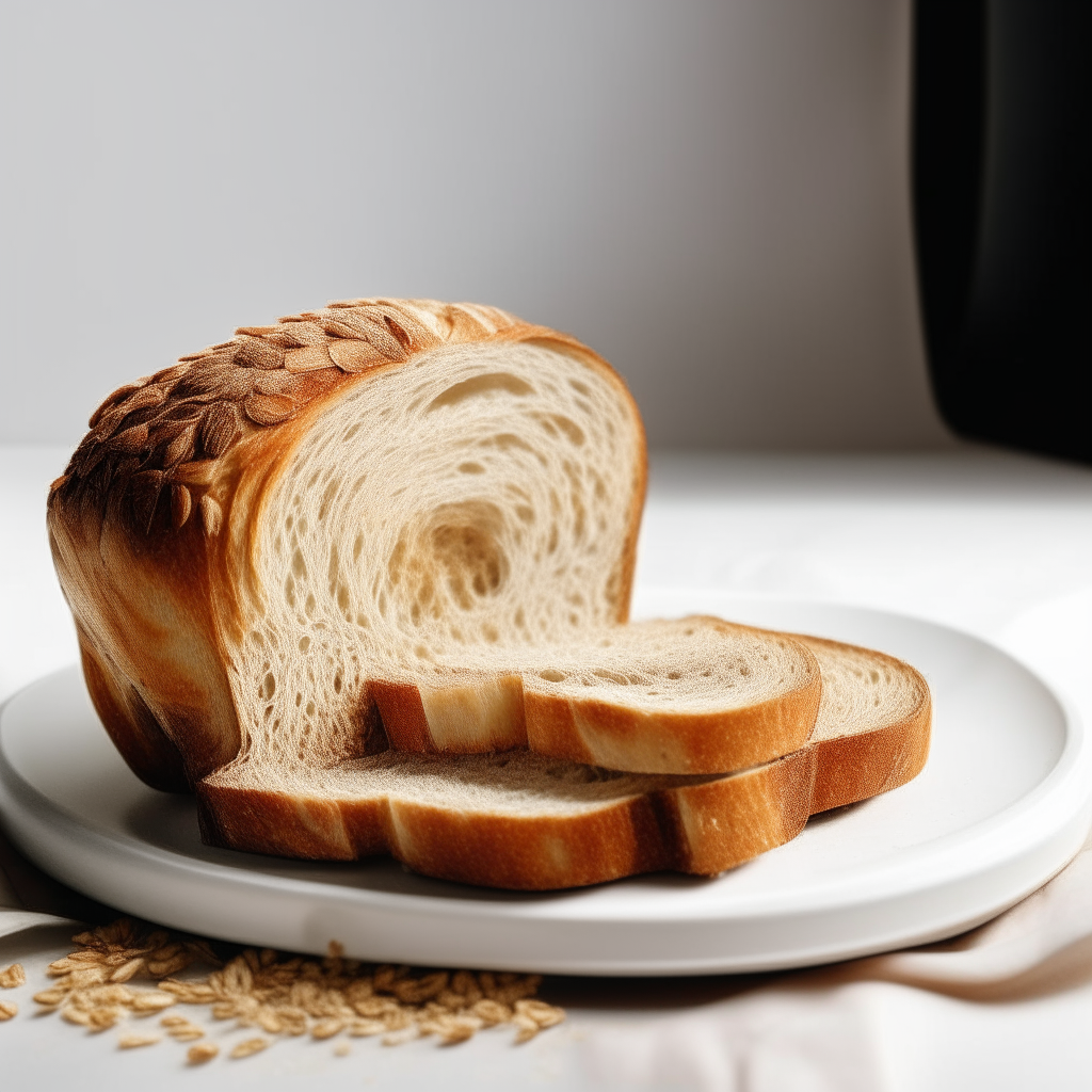 Slice of honey oat sourdough bread on a white plate under bright studio lighting. Razor sharp focus. square