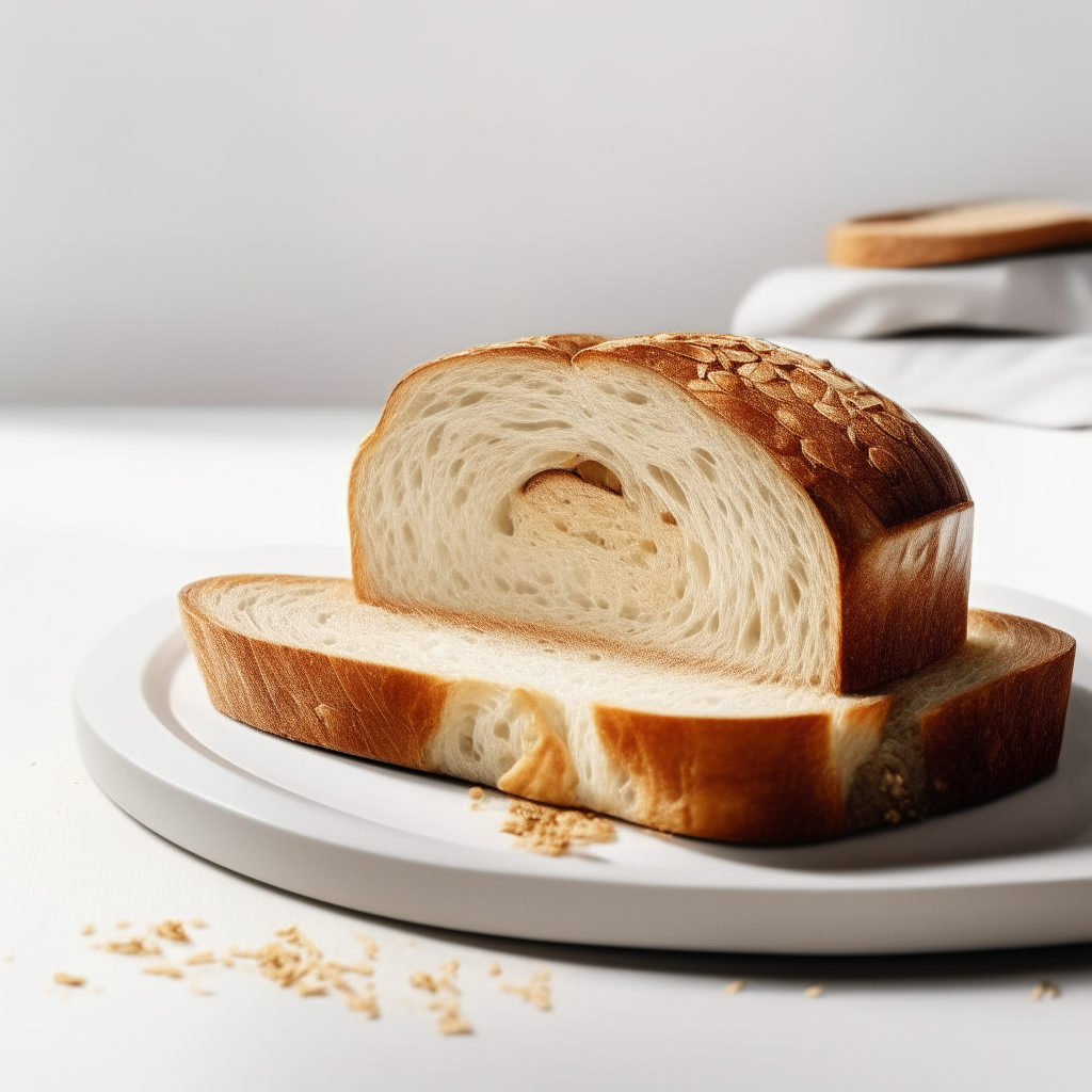 Slice of honey oat sourdough bread on a white plate under bright studio lighting. Razor sharp focus. square