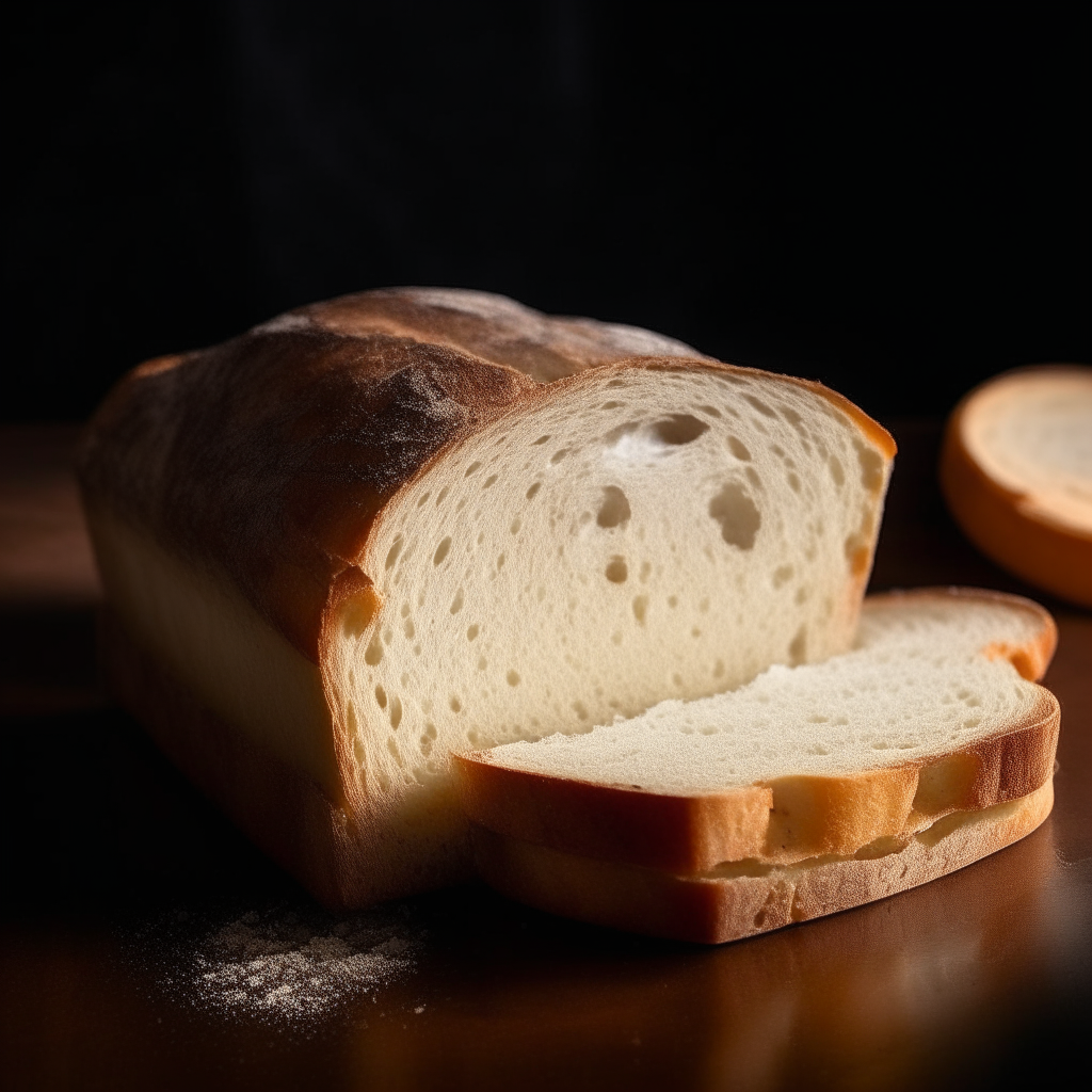 Slice of rustic gluten free sourdough bread on a white plate under bright studio lighting. Razor sharp focus. square