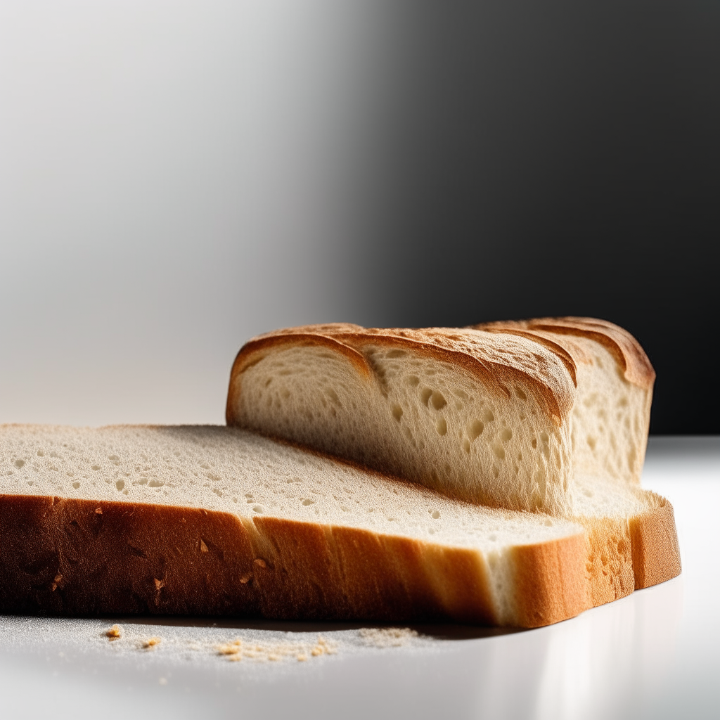 Slice of gluten free whole grain sourdough bread on a white plate under bright studio lighting. Razor sharp focus. square