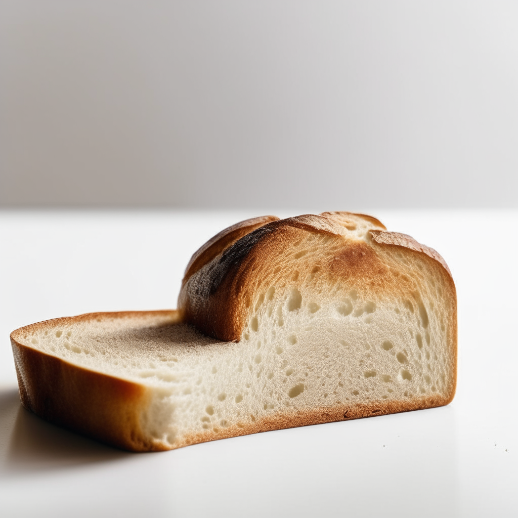 Slice of gluten free whole grain sourdough bread on a white plate under bright studio lighting. Razor sharp focus. square