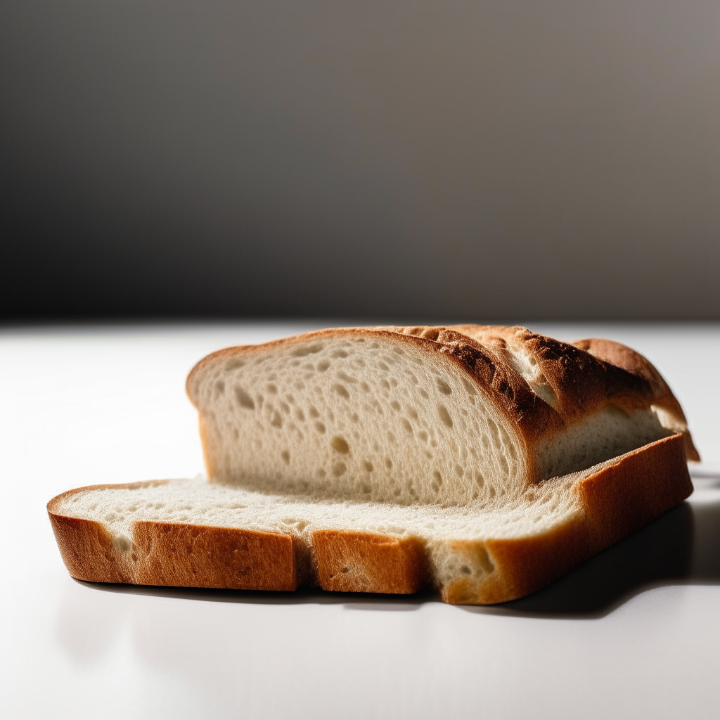 Slice of gluten free whole grain sourdough bread on a white plate under bright studio lighting. Razor sharp focus. square