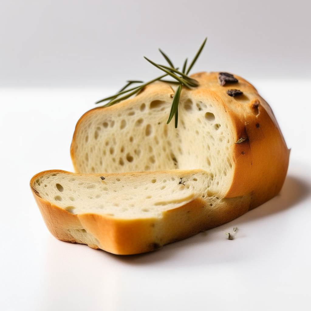 Slice of olive and rosemary gluten free sourdough bread on a white plate under bright studio lighting. Razor sharp focus. square