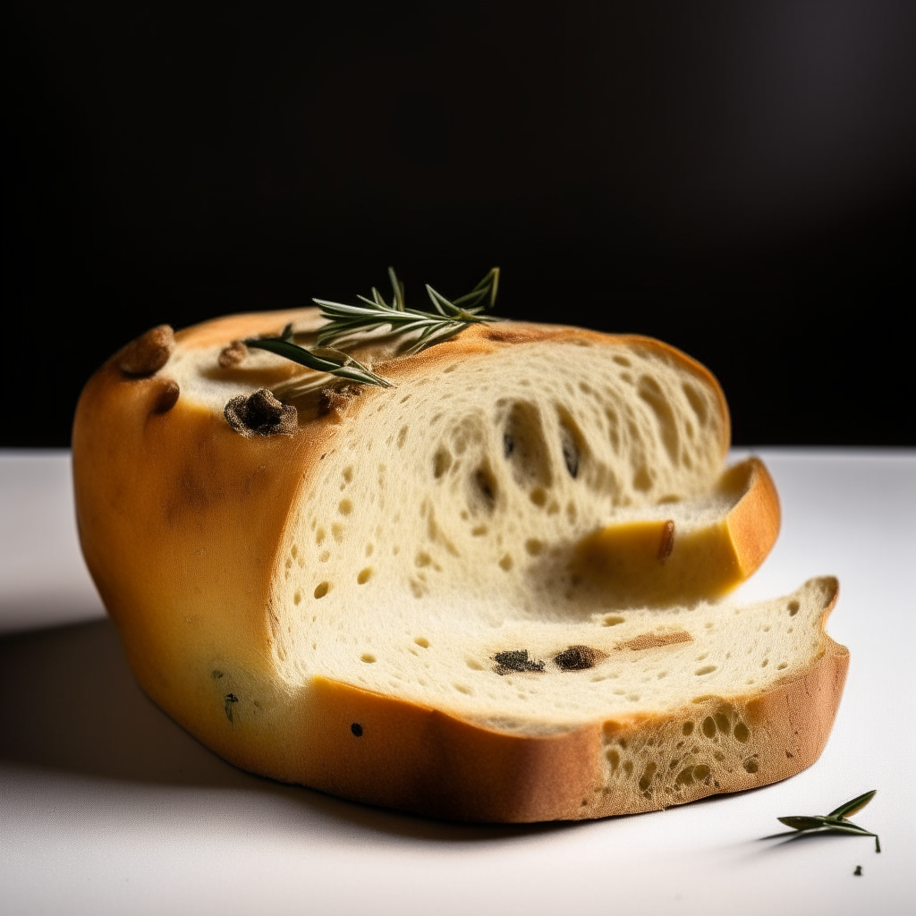 Slice of olive and rosemary gluten free sourdough bread on a white plate under bright studio lighting. Razor sharp focus. square