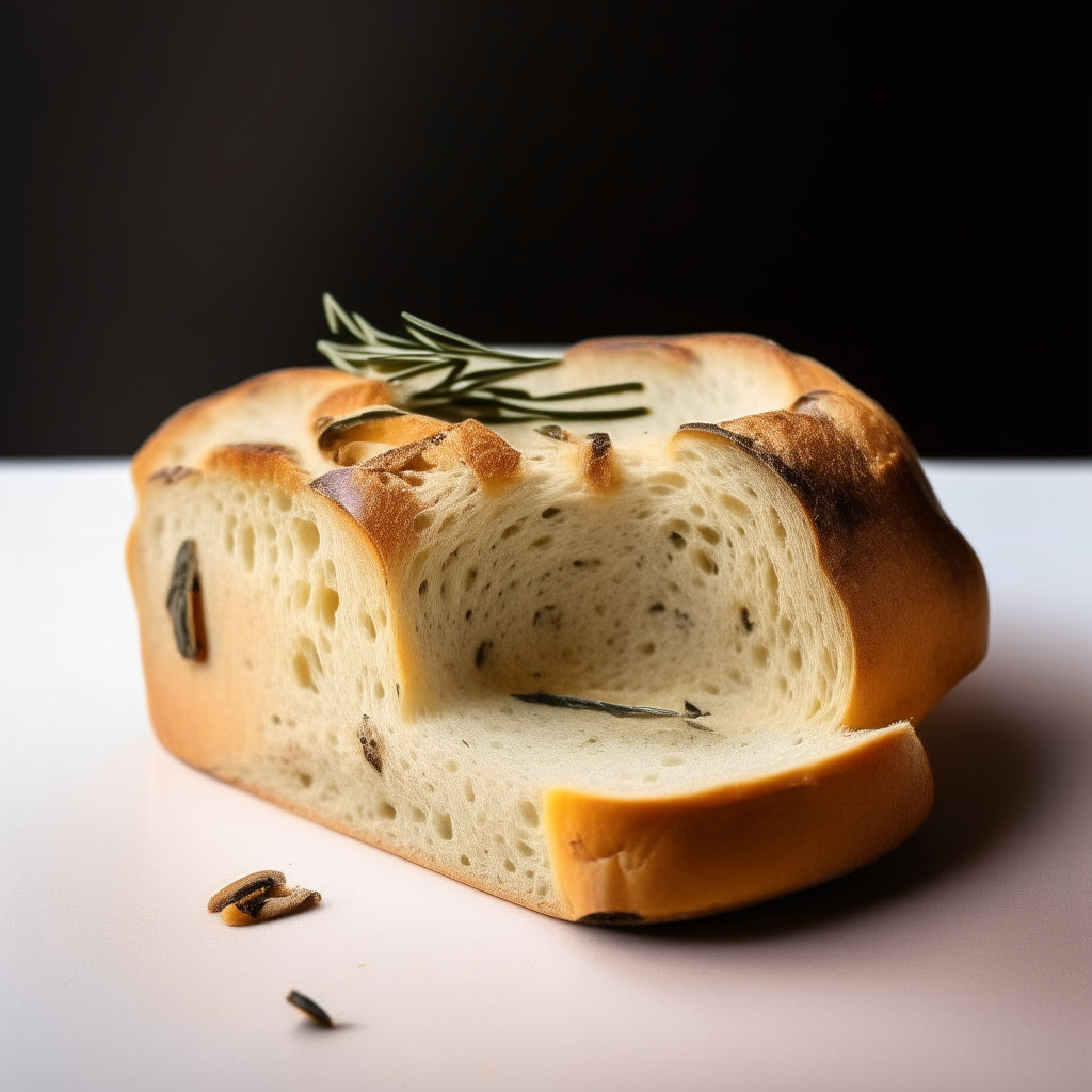 Slice of olive and rosemary gluten free sourdough bread on a white plate under bright studio lighting. Razor sharp focus. square