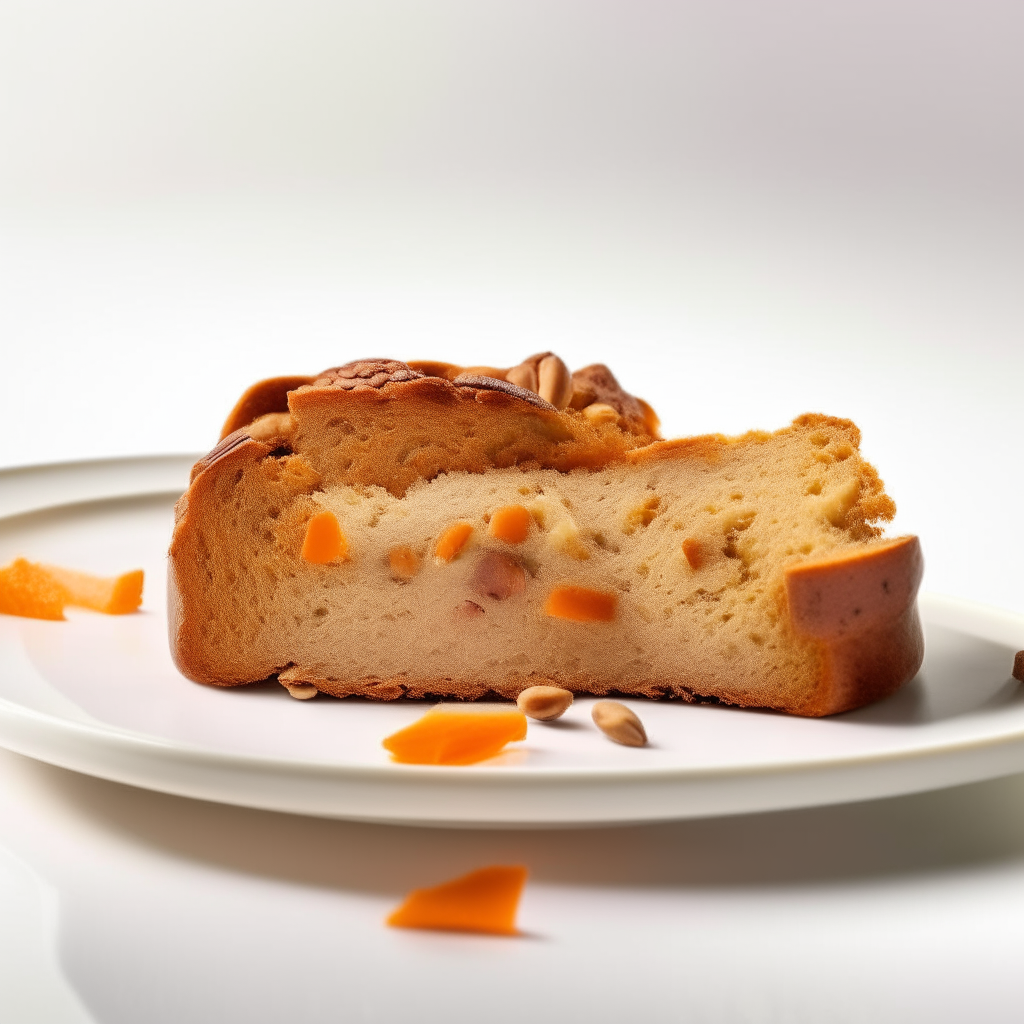 Slice of sweet potato pecan bread on a white plate under bright studio lighting. Razor sharp focus. square