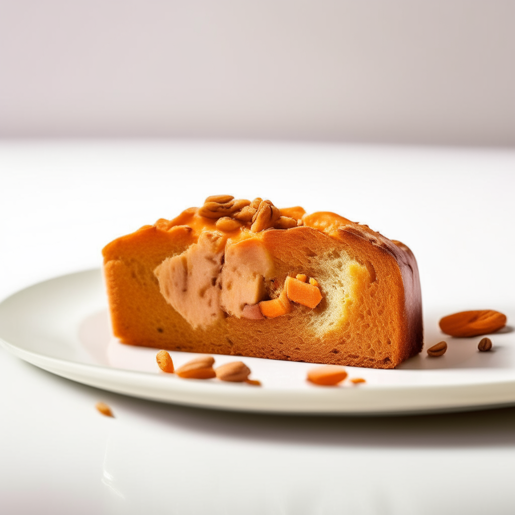 Slice of sweet potato pecan bread on a white plate under bright studio lighting. Razor sharp focus. square