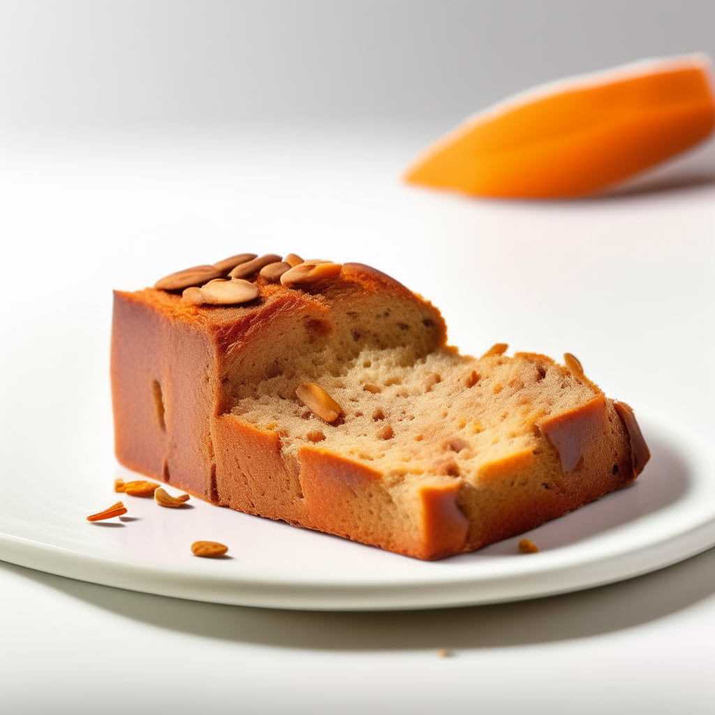 Slice of sweet potato pecan bread on a white plate under bright studio lighting. Razor sharp focus. square