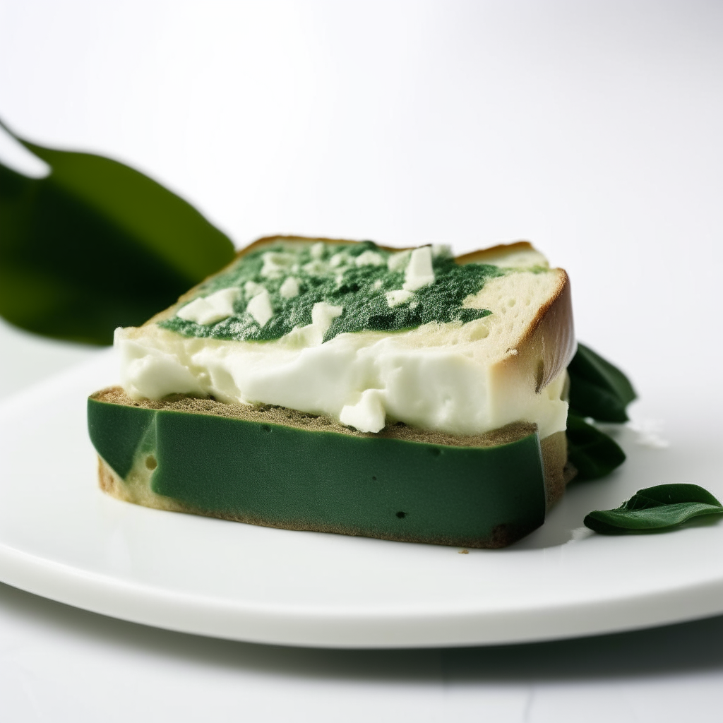 Slice of spinach and feta bread on a white plate under bright studio lighting. Razor sharp focus. square