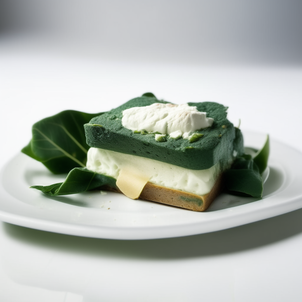 Slice of spinach and feta bread on a white plate under bright studio lighting. Razor sharp focus. square