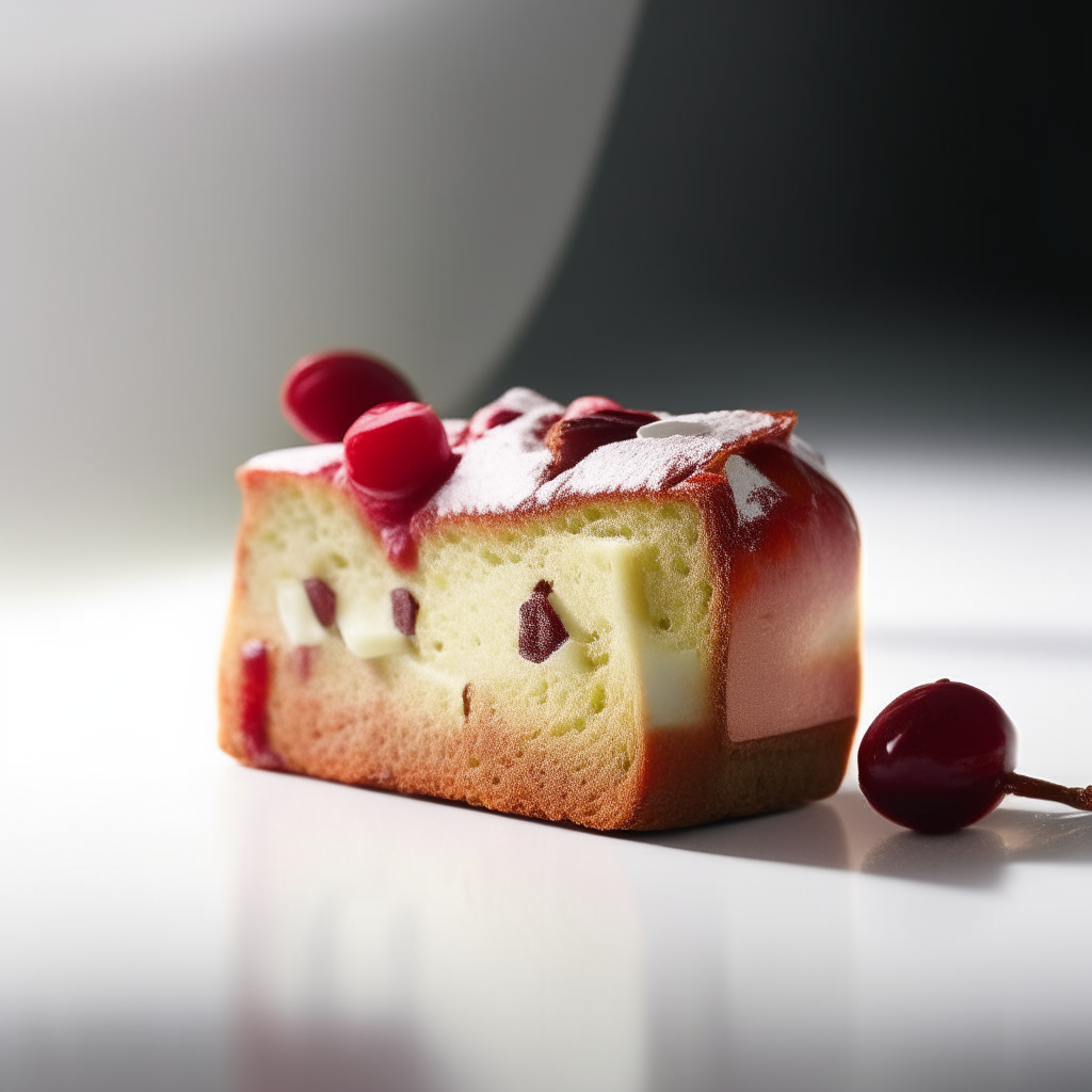 Slice of cherry almond bread on a white plate under bright studio lighting. Razor sharp focus. square